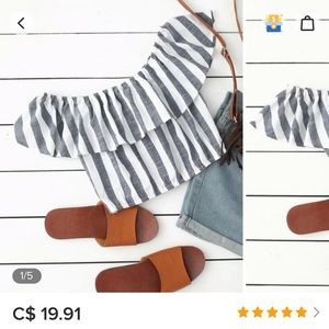 Off Shoulder Flounce Striped Crop Blouse